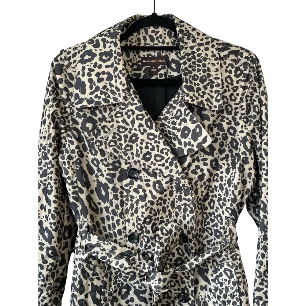 Dana Buchman Leopard‎ Print Double Breasted Belted Trench Coat Tan Black Large
